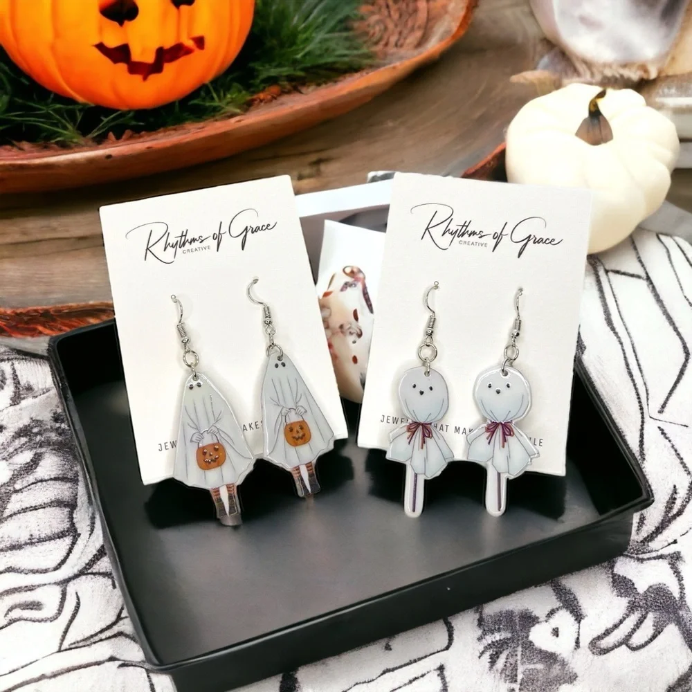 Brand New SET OF TWO Retro Ghost Earrings - Halloween Jewelry, Handmade